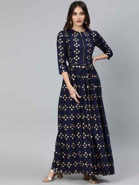 

Swishchick Women Navy Blue Printed Fit and Flare Dress