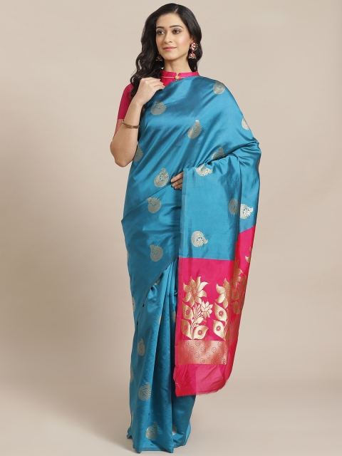 

Mitera Turquoise Blue & Golden Woven Design Dharmavaram Saree