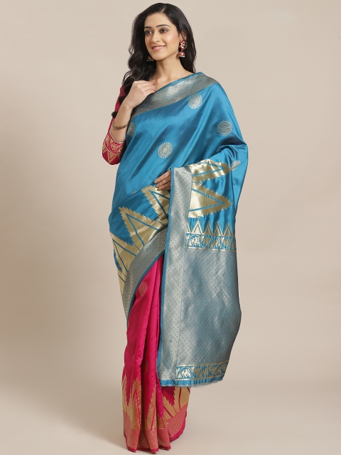 

Mitera Pink & Teal Blue Zari Woven Design Half & Half Dharmavaram Saree
