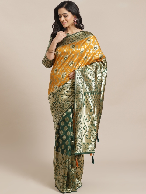 

Mitera Olive Green & Golden Woven Design Half & Half Dharmavaram Saree