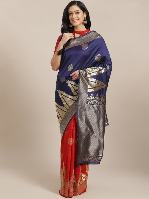 

Mitera Blue & Red Zari Woven Design Half & Half Dharmavaram Saree