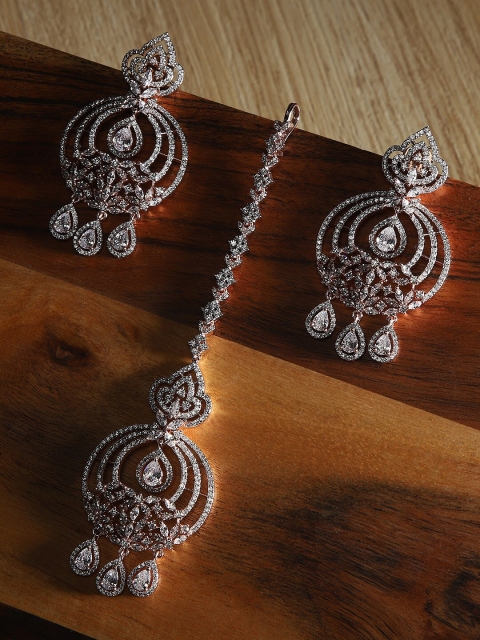 

Priyaasi Rose Gold-Plated White AD-Studded Maang Tikka And Earrings Set