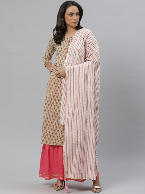 

Vasudha Women Olive Green & Pink Ethnic Block Printed Kurta with Sharara & Dupatta
