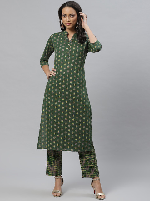 

Vasudha Women Olive Green & Golden Ethnic Printed Kurta with Trousers