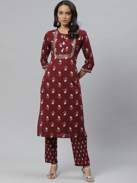 

Vasudha Women Maroon & Off-White Floral Printed Kurta with Trousers