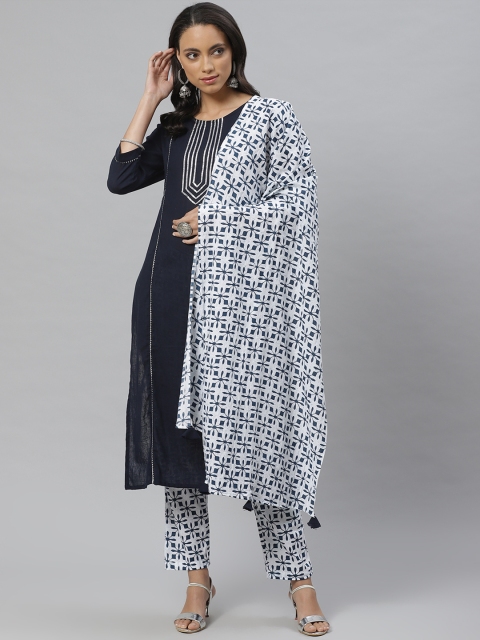 

Vasudha Women Navy Blue & White Solid Kurta with Printed Trousers & Dupatta