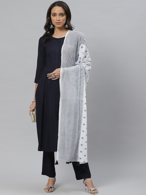 

Vasudha Women Navy Blue Solid Kurta with Trousers & Dupatta