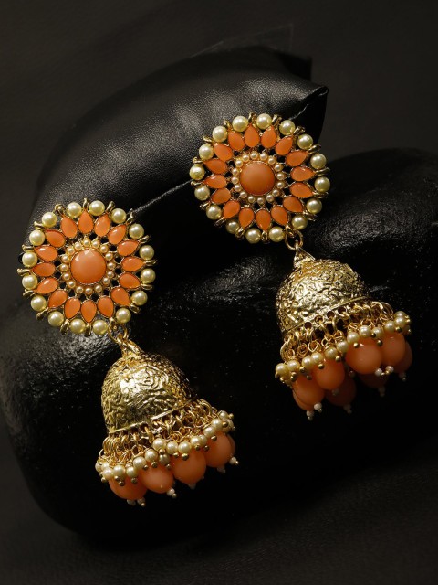 

Priyaasi Peach-Coloured Gold-Plated Beaded Textured Handcrafted Dome Shaped Jhumkas