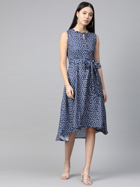 

plusS Women Navy Blue & Off-White Polka Dot Print A-Line Dress