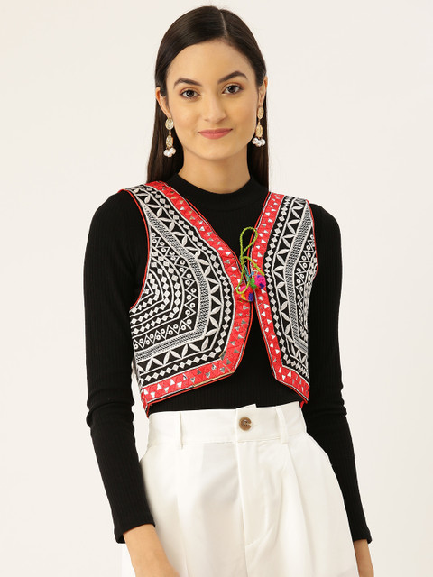 

Vastraa Fusion Women Black & White Embroidered Ethnic Jacket