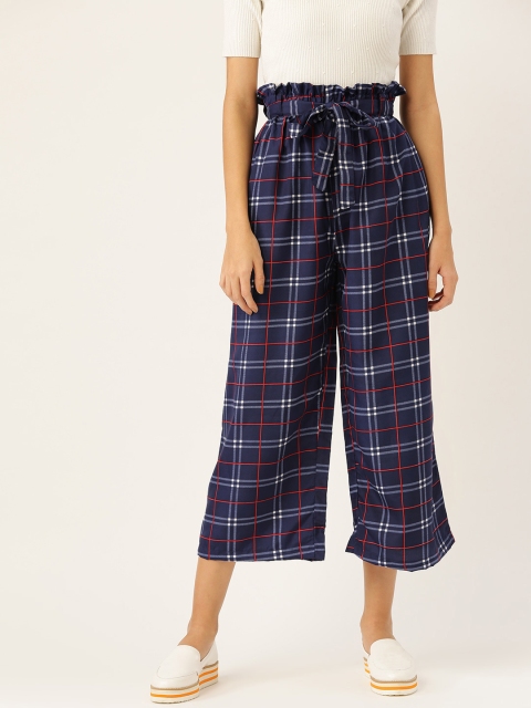 

Vastraa Fusion Women Navy Blue & White Checked Flared Cropped Palazzos