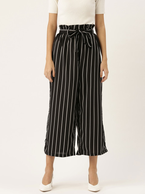 

Vastraa Fusion Women Black & White Regular Fit Striped Cropped Trousers
