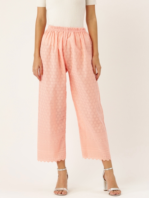 

Vastraa Fusion Women Peach-Coloured Regular Fit Chikankari Embroidered Cropped Palazzos