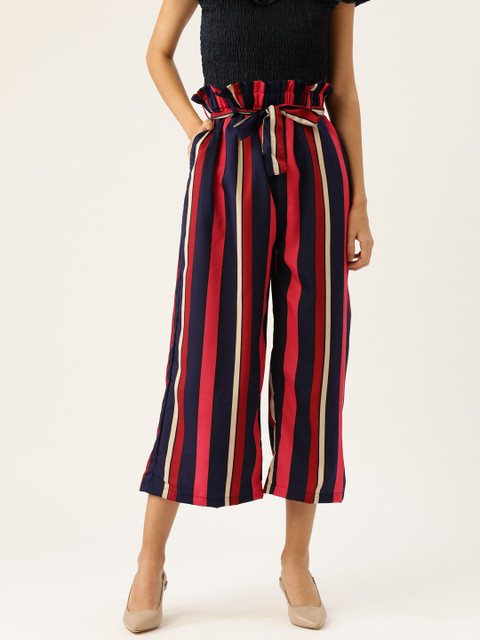 

Vastraa Fusion Women Navy Blue & Pink Regular Fit Striped Cropped Trousers