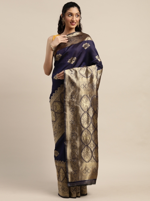 

PURVAJA Navy Blue & Gold-Toned Art Silk Woven Design Banarasi Saree