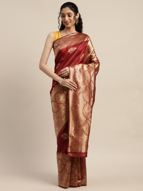 

PURVAJA Maroon & Gold-Toned Art Silk Woven Design Banarasi Saree