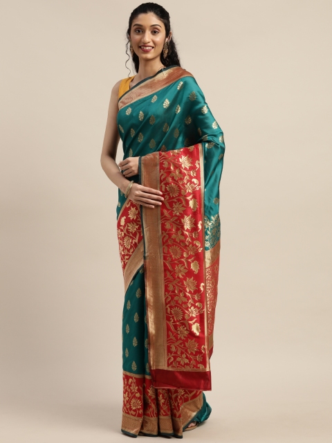 

PURVAJA Teal Blue & Red Art Silk Woven Design Banarasi Saree