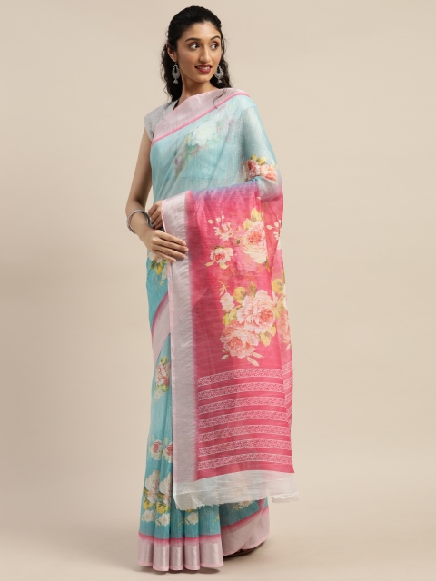 

PURVAJA Turquoise Blue & Pink Linen Blend Floral Printed Ikat Saree