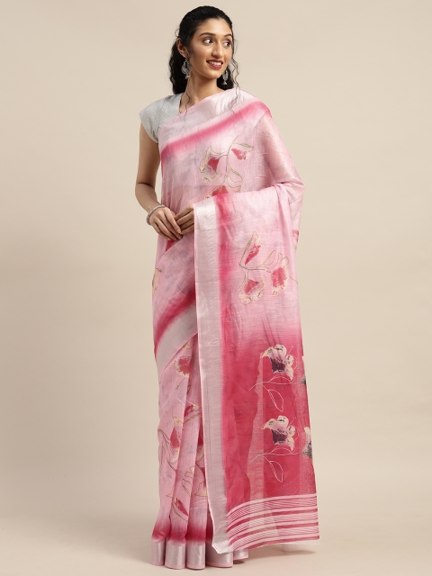 

PURVAJA Pink Linen Blend Floral Printed Ikat Saree