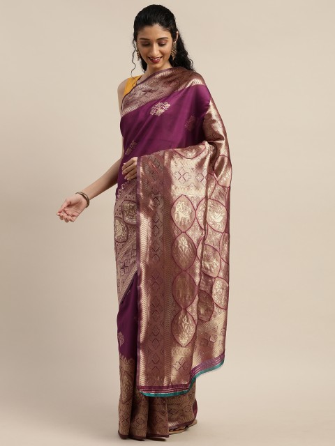 

PURVAJA Magenta Pink & Golden Art Silk Woven Design Banarasi Saree