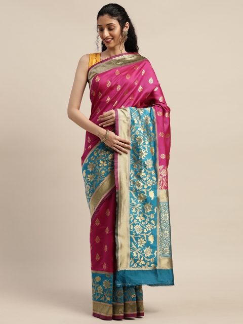 

PURVAJA Pink & Blue Art Silk Woven Design Banarasi Saree