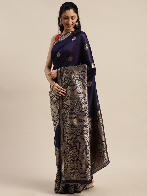 

PURVAJA Navy Blue & Gold-Toned Art Silk Woven Design Banarasi Saree