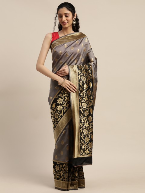 

PURVAJA Grey & Gold-Toned Art Silk Woven Design Banarasi Saree