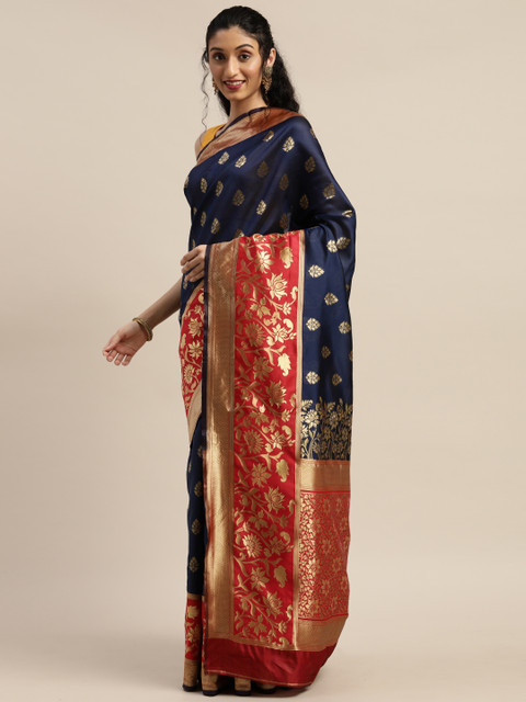 

PURVAJA Navy Blue & Red Art Silk Woven Design Banarasi Saree
