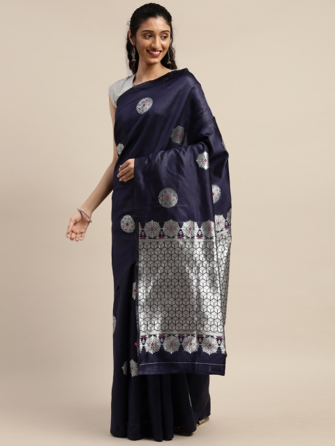 

PURVAJA Navy Blue & Silver-Toned Art Silk Woven Design Banarasi Saree