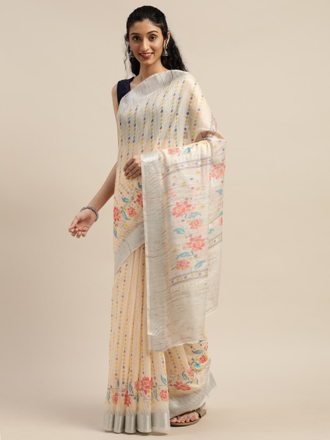 

PURVAJA Peach-Coloured & Blue Linen Blend Floral Printed Saree
