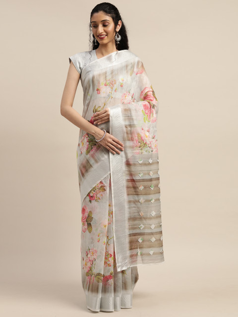 

PURVAJA Grey & Pink Linen Blend Floral Printed Ikat Saree