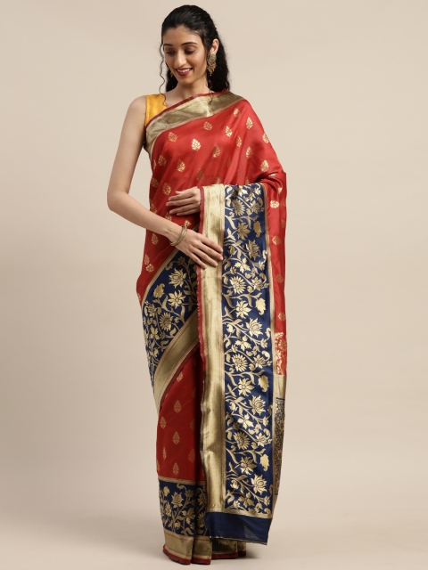 

PURVAJA Red & Navy Blue Art Silk Woven Design Banarasi Saree