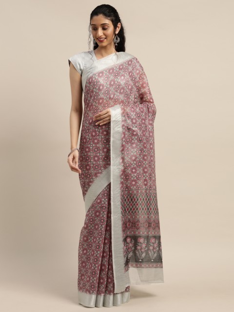 

PURVAJA Pink & Grey Linen Blend Printed Ikat Saree