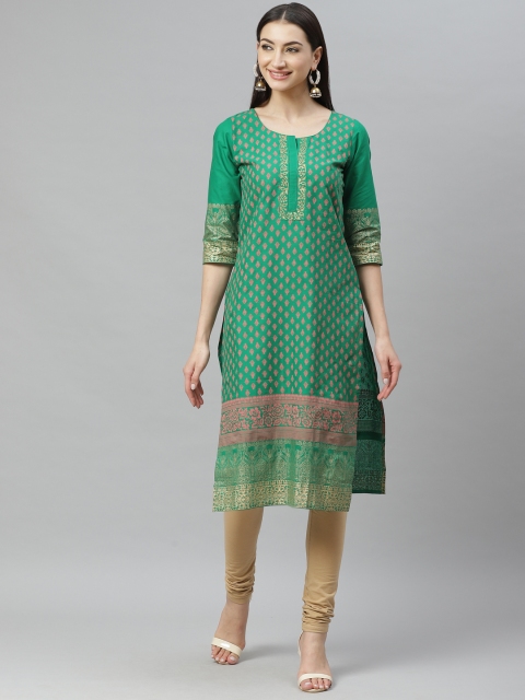 

Myshka Women Green & Pink Printed Straight Kurta