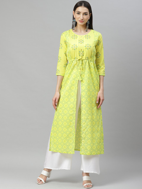 

Myshka Women Yellow & Green Printed High-Slit Straight Kurta