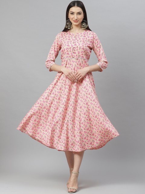 

Myshka Women Peach-Coloured and Blue Printed A-Line Dress