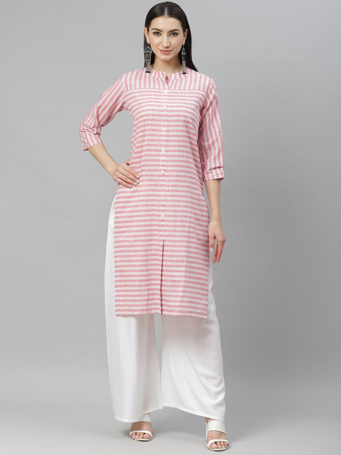 

Myshka Women Pink & White Striped Straight Kurta