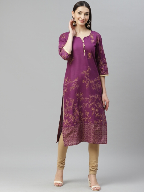 

Myshka Women Purple & Mustard Yellow Floral Print Straight Kurta