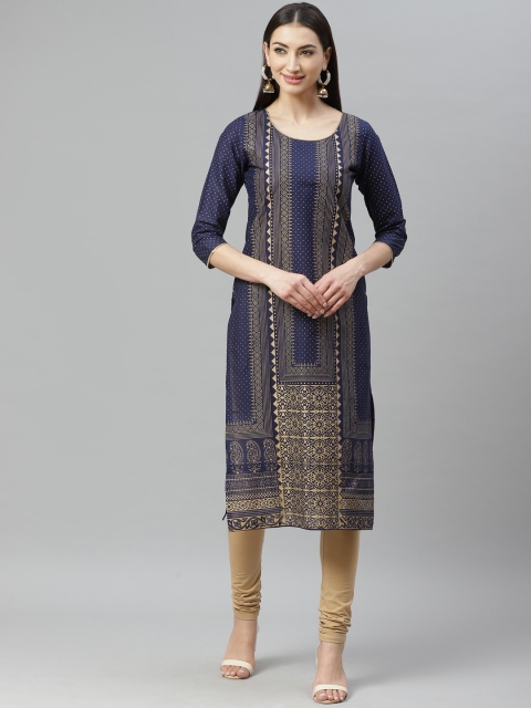 

Myshka Women Navy Blue & Golden Printed Straight Kurta