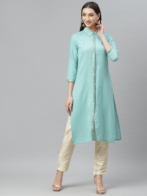 

Myshka Women Green & White Self-Striped Straight Kurta