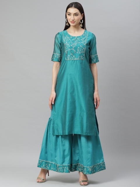 

Myshka Women Teal & Golden Yoke Design Kurta with Sharara