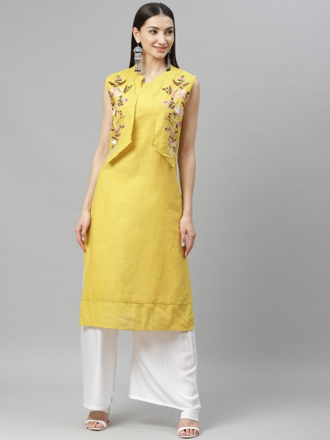 

Myshka Women Mustard Yellow Solid Layered Kurta with Embroidered Detail