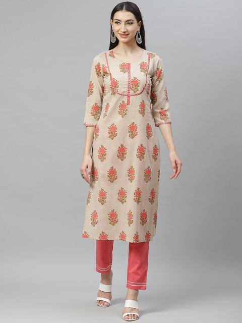 

Myshka Women Beige & Pink Floral Printed Kurta with Harem Pants