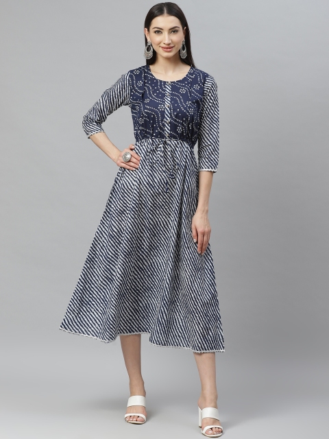 

Myshka Women Off-White and Navy Blue Printed A-Line Dress