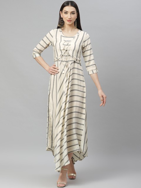 

Myshka Women Off-White and Grey Striped Maxi Dress