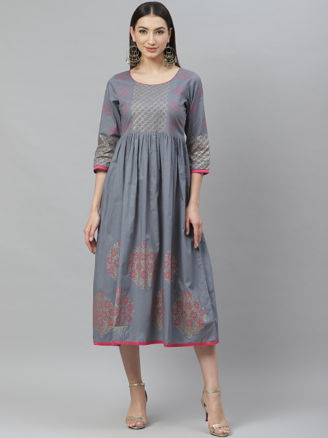 

Myshka Women Grey & Pink Printed A-Line Dress