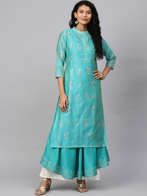

Myshka Women Green & Golden Pure Silk Floral Printed A-Line Kurta