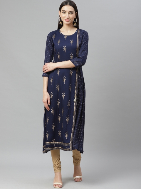 

Myshka Women Navy Blue & Golden Printed Angrakha A-Line Kurta