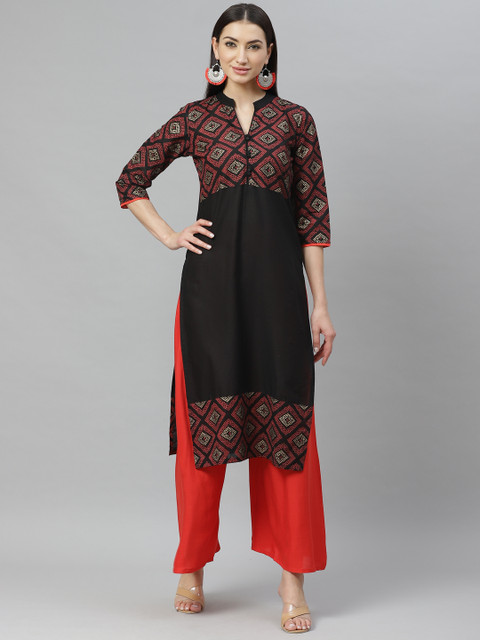 

Myshka Women Black & Maroon Yoke Design Straight Kurta