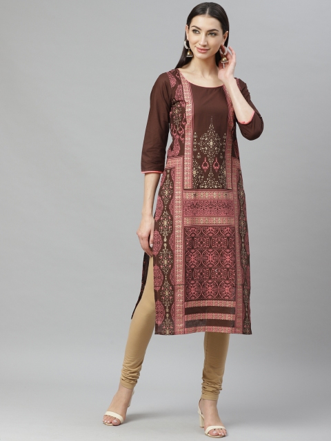 

Myshka Women Maroon & Golden Printed Straight Kurta